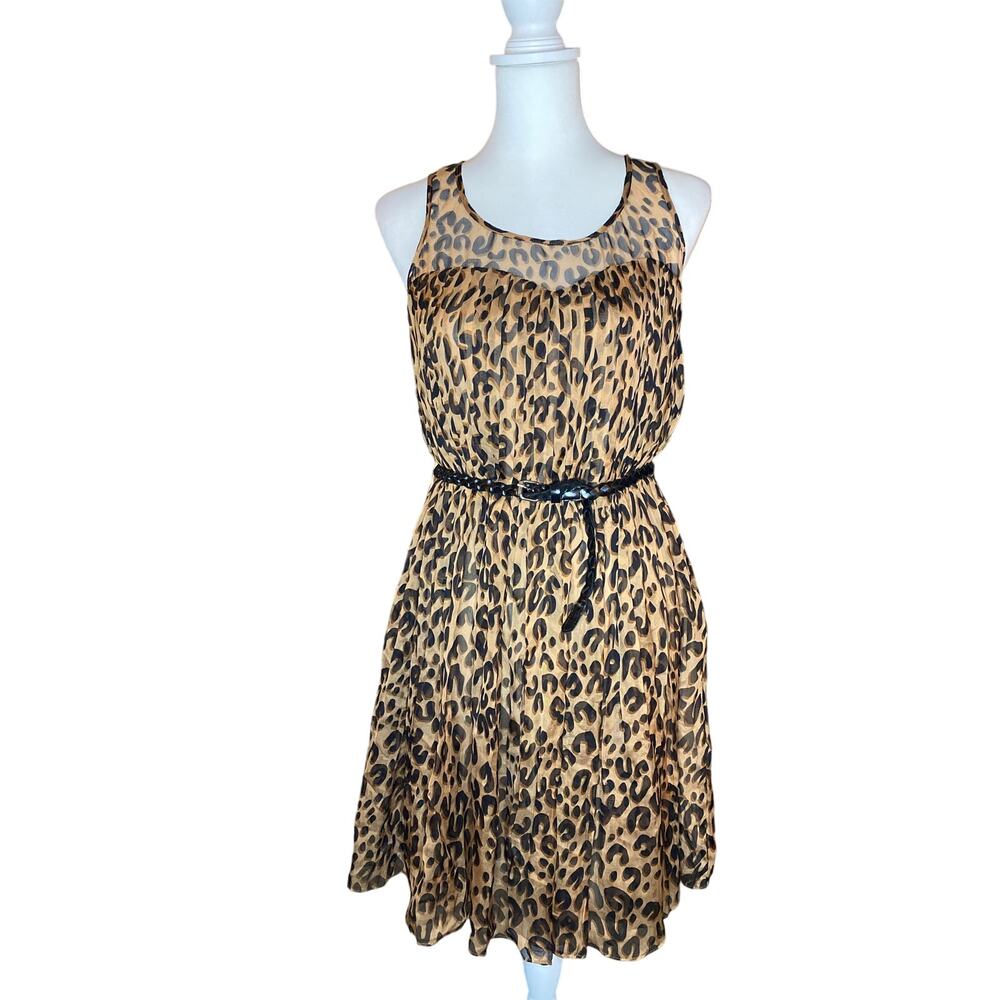 100% Silk Y2K Leopard Print Dress Medium Black Faux Leather Braided Belt